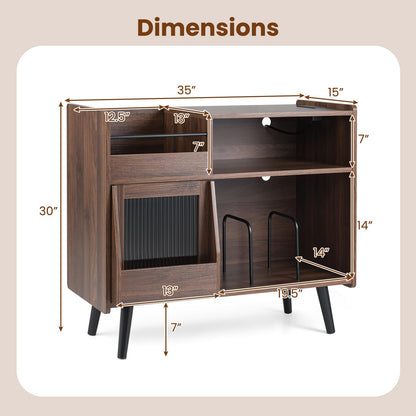 Goflame Record Player Stand with LED Light and Power Outlets Large Turntable Stand with Sliding Door