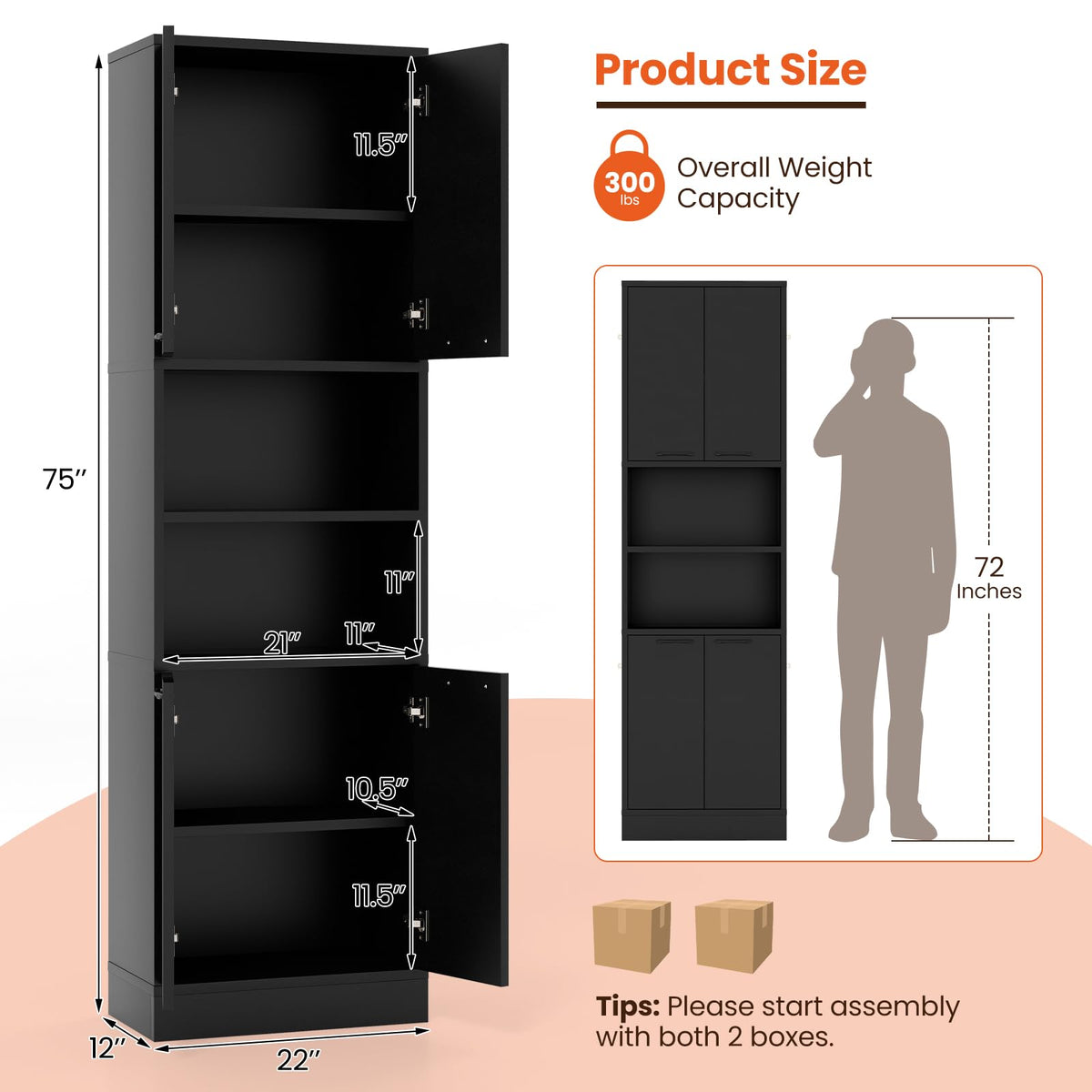 Goflame Kitchen Pantry Cabinet, 75” Tall Freestanding Cupboard with Doors & Shelves