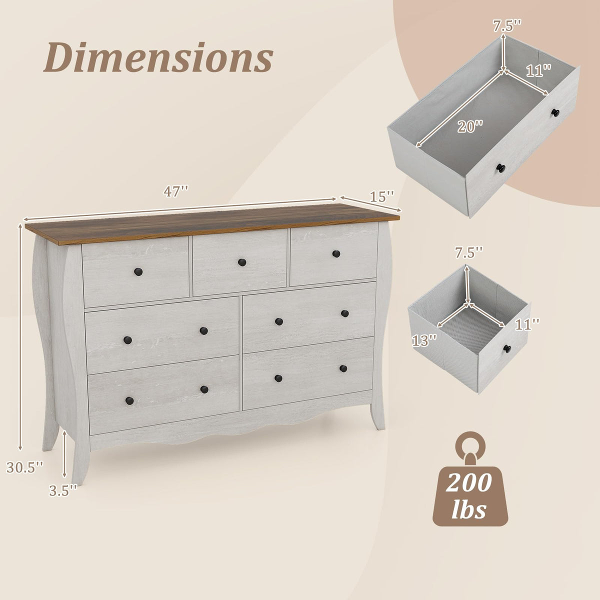 Goflame Storage Cabinet with Foldable & Detachable Fabric Drawers, Anti-Tipping Kit, 47” x 15” x 30.5” Farmhouse Floor Cabinet