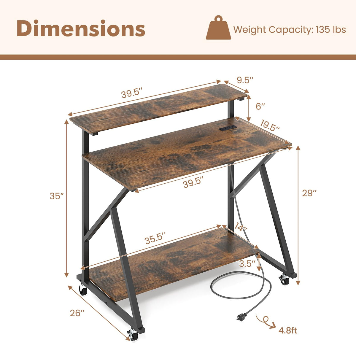 Goflame Rolling Computer Desk with Charging Station