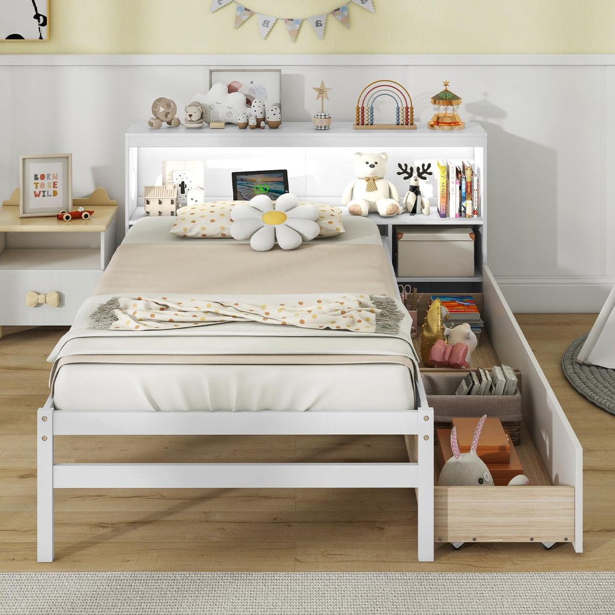Goflame Wood Twin Bed Frame with Storage Drawer & Headboard, Modern Platform Bed with Charging Station & LED Light