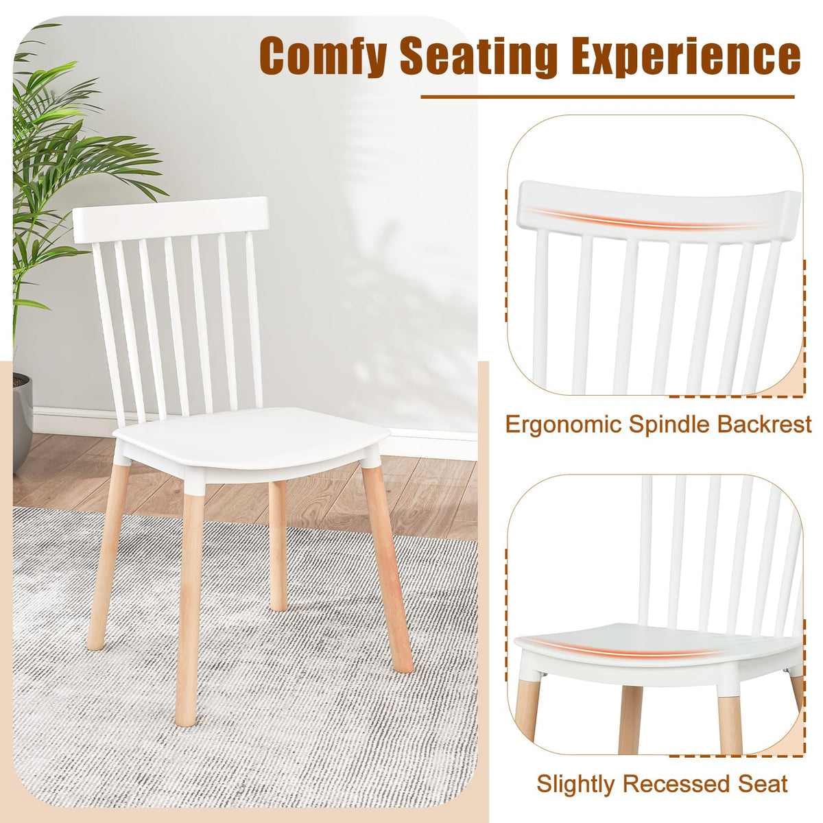 Goflame Set of 4 Windsor Dining Chairs White, Modern Kitchen Chairs w/Spindle Backs & Curved Seats