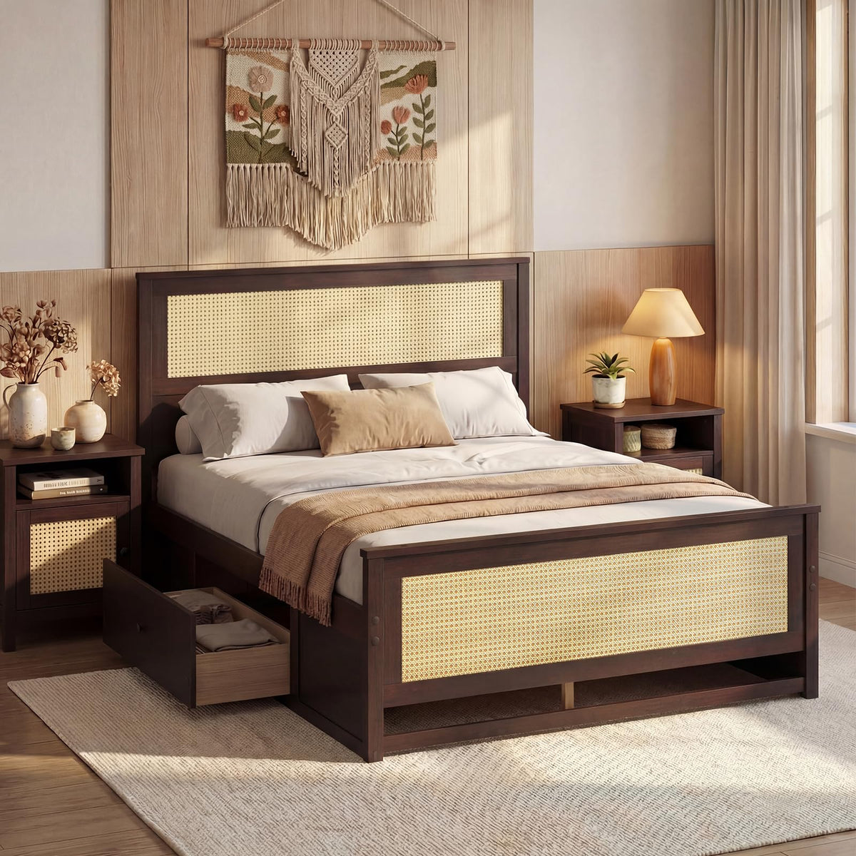 Goflame Full/Twin Size Rattan Bed Frame with 2 Storage Drawers
