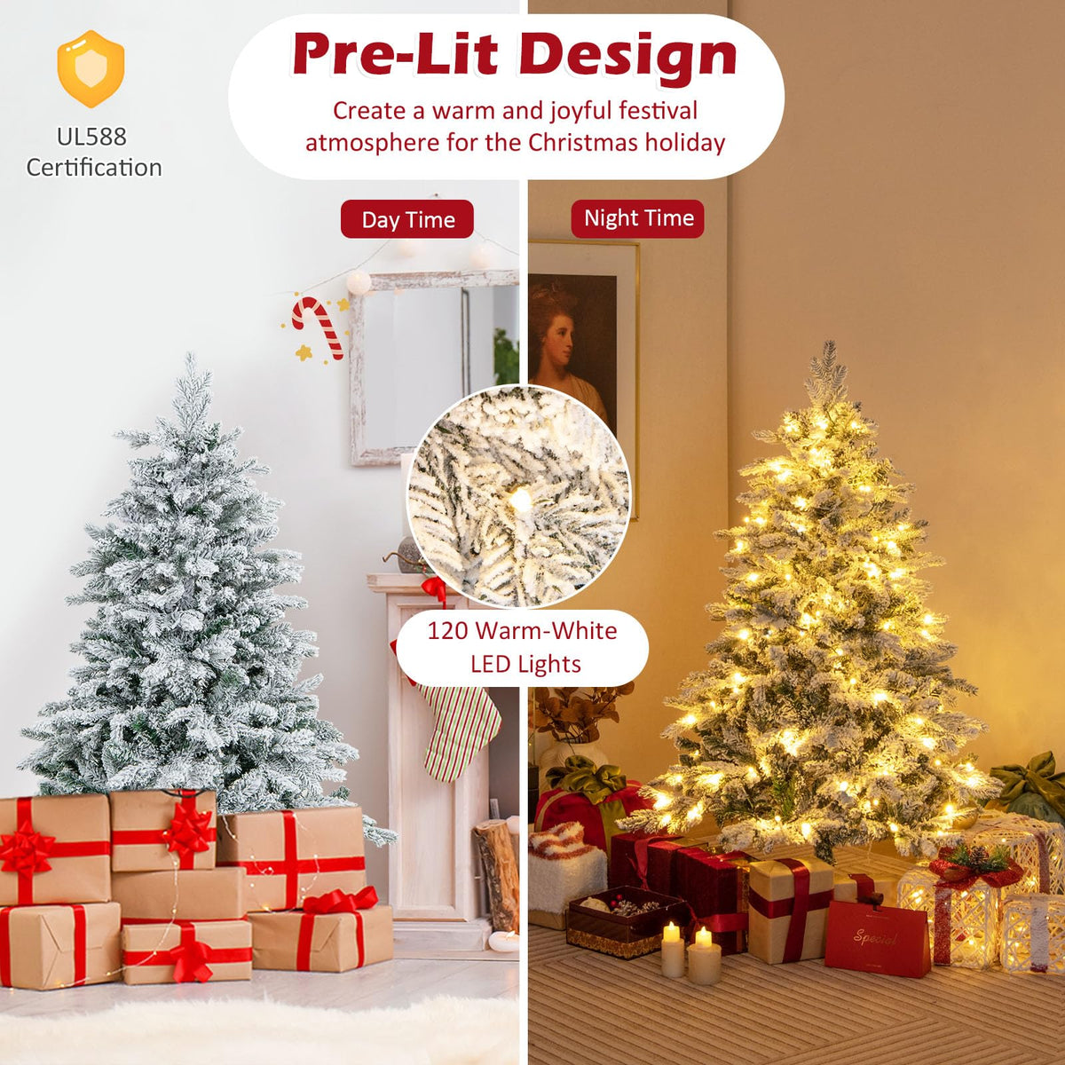 Goflame Pre-Lit Snow Flocked Christmas Tree, Artificial Hinged Xmas Tree with Branch Tips, PE & PVC Mixed Leaves