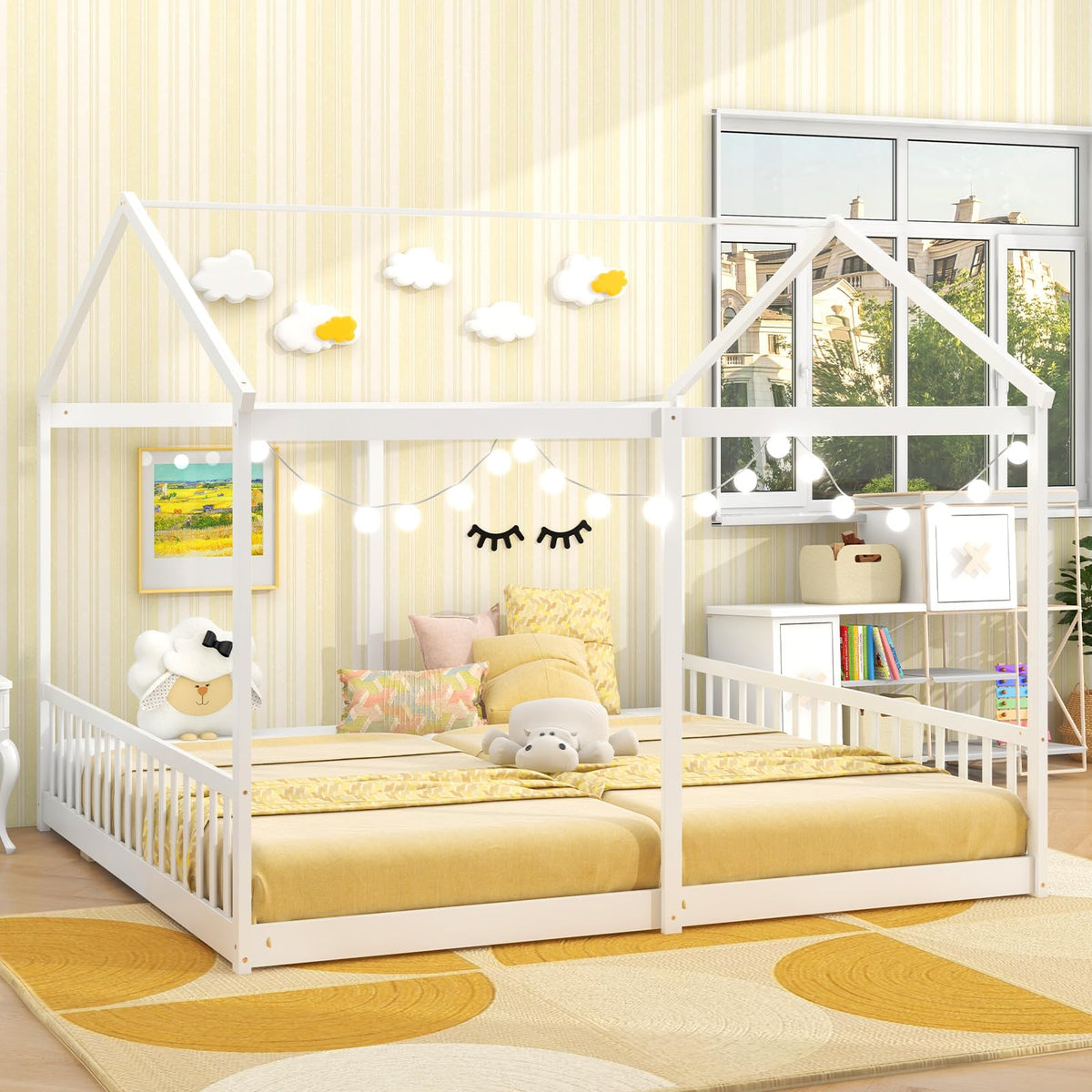 Goflame Double Twin Floor Beds for 2 Kids, Wood Twin Size House Beds with Safety Guardrails, White