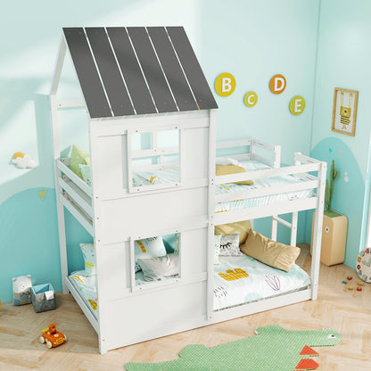 Goflame House Bunk Bed Twin Over Twin, Solid Wood Floor Bunk Bed with Built in Ladder, Window & Safety Guardrail