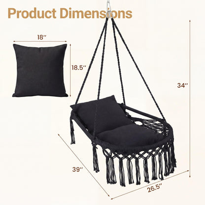 Goflame Macrame Hammock Chair w/Removable Cushions & Sturdy Metal Ring