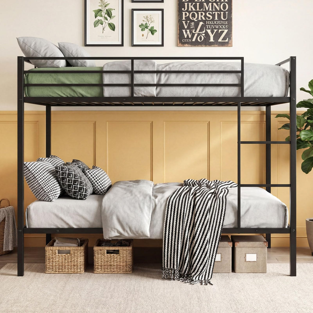 Goflame Heavy-Duty Metal Bunk Bed Full Over Full with Ladder & Full Length Safety Guardrail