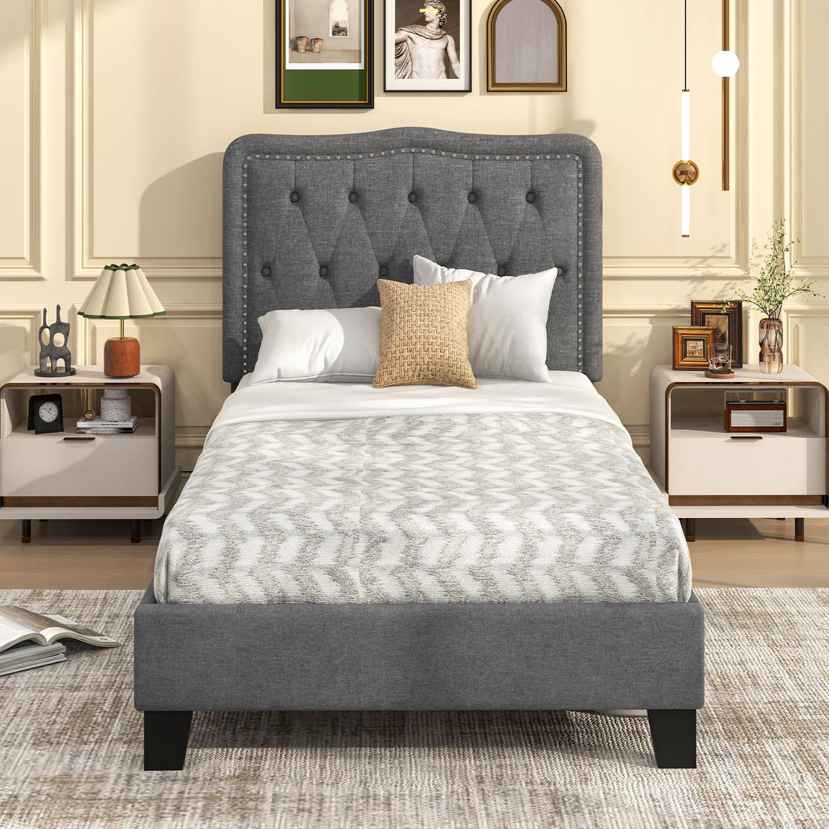 Goflame Twin Size Bed Frame, Modern Linen Upholstered Platform Bed w/ 46" Tall Button Tufted Headboard