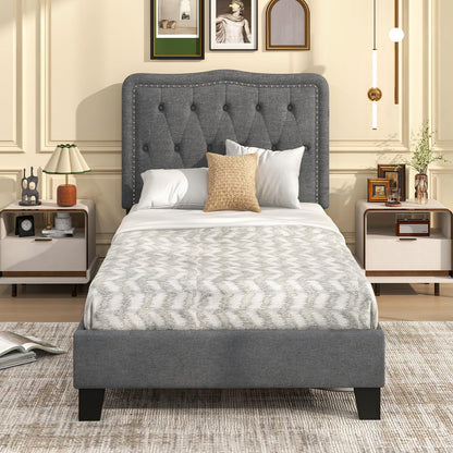 Goflame Twin Size Bed Frame, Modern Linen Upholstered Platform Bed w/ 46" Tall Button Tufted Headboard