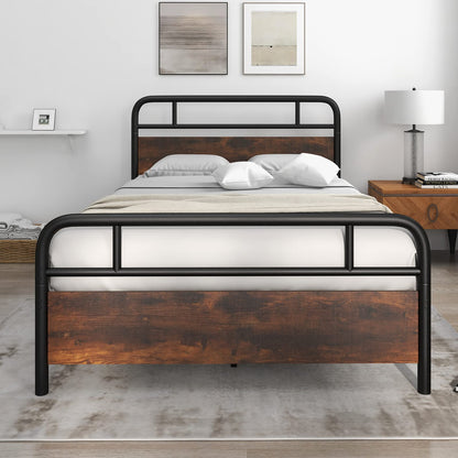 Goflame Full Size Metal Bed Frame with Wood Headboard and Footboard