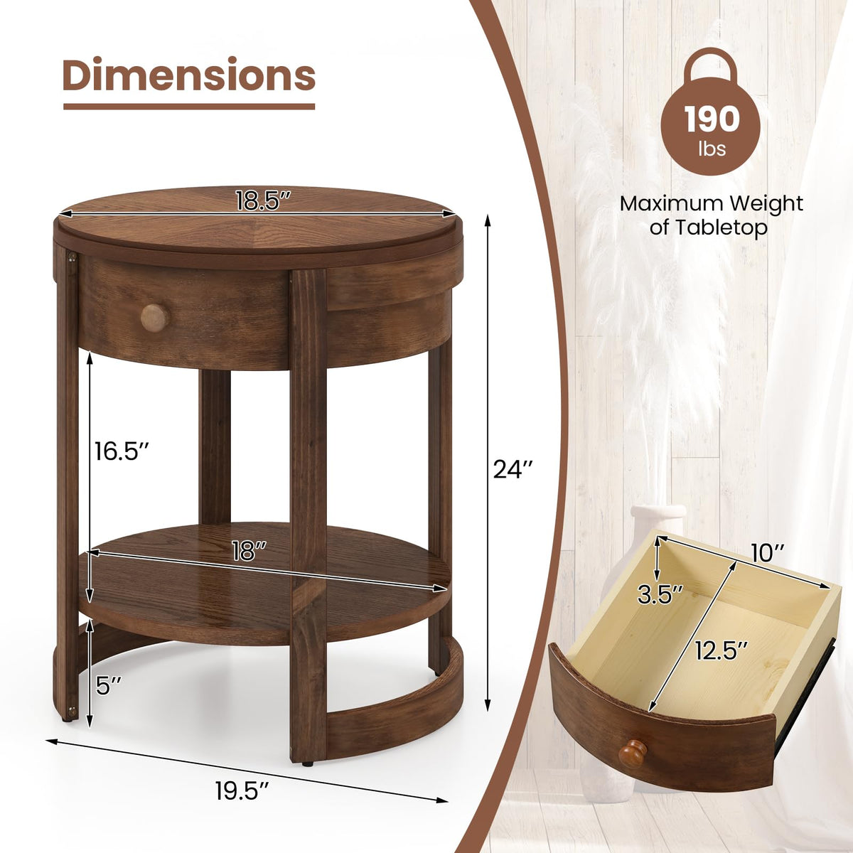 Goflame Round Side Tables Set of 1/2 | 2-Tier Retro End Tables with Drawer & Shelf
