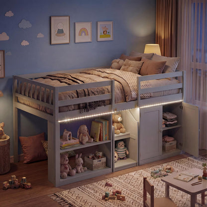 Goflame Low Loft Bed Twin Size with LED Lights, Wooden Bed Frame