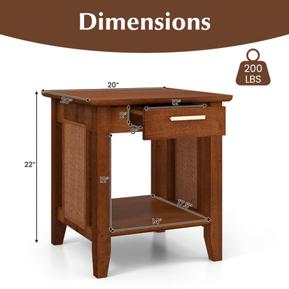 Goflame Rattan Nightstand with Drawer, Mid Century End Table with Storage Shelf, Sofa Side Table with Solid Rubber Wood Legs