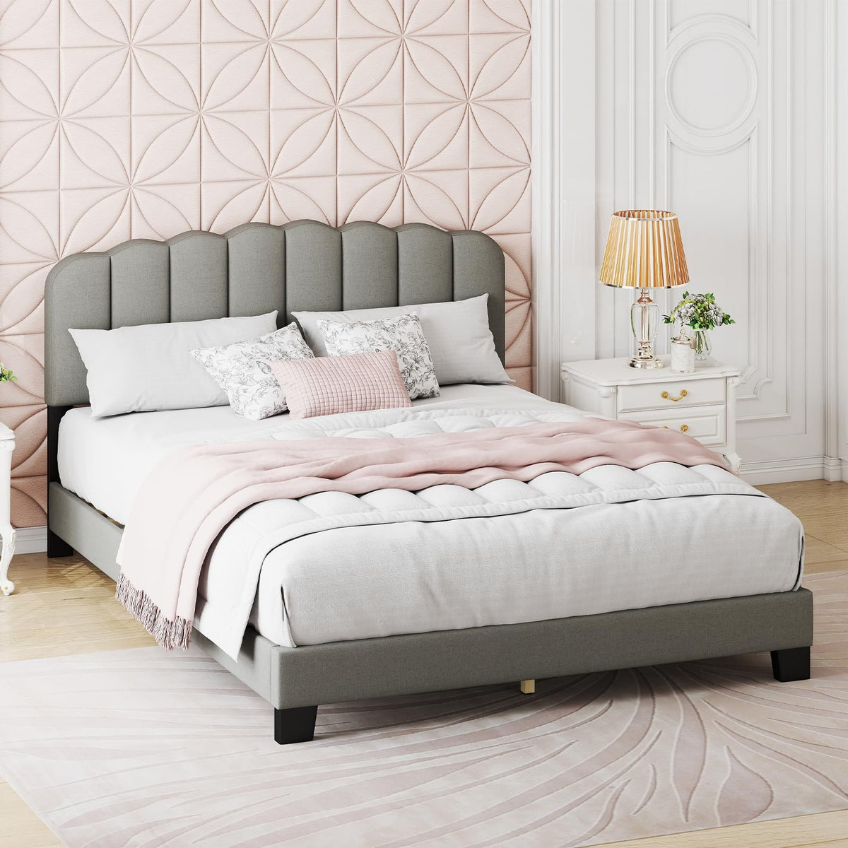 Goflame Queen Bed Frame Linen Upholstered Platform Bed with Adjustable Scalloped Tufted Headboard