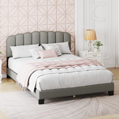 Goflame Queen Bed Frame Linen Upholstered Platform Bed with Adjustable Scalloped Tufted Headboard