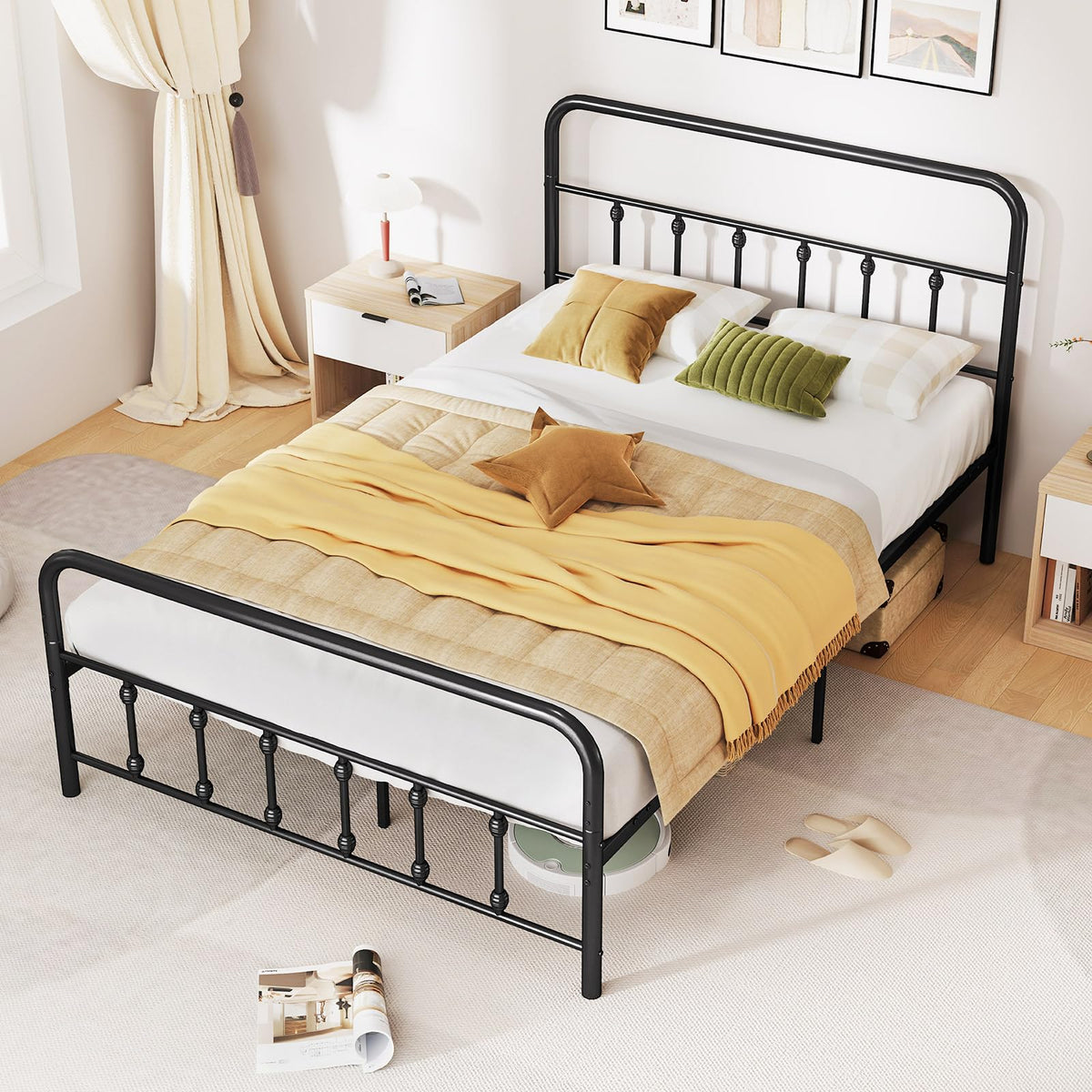 Goflame King/Queen/Full Size Metal Platform Bed Frame, Victorian Style Platform Bed with Headboard & Footboard