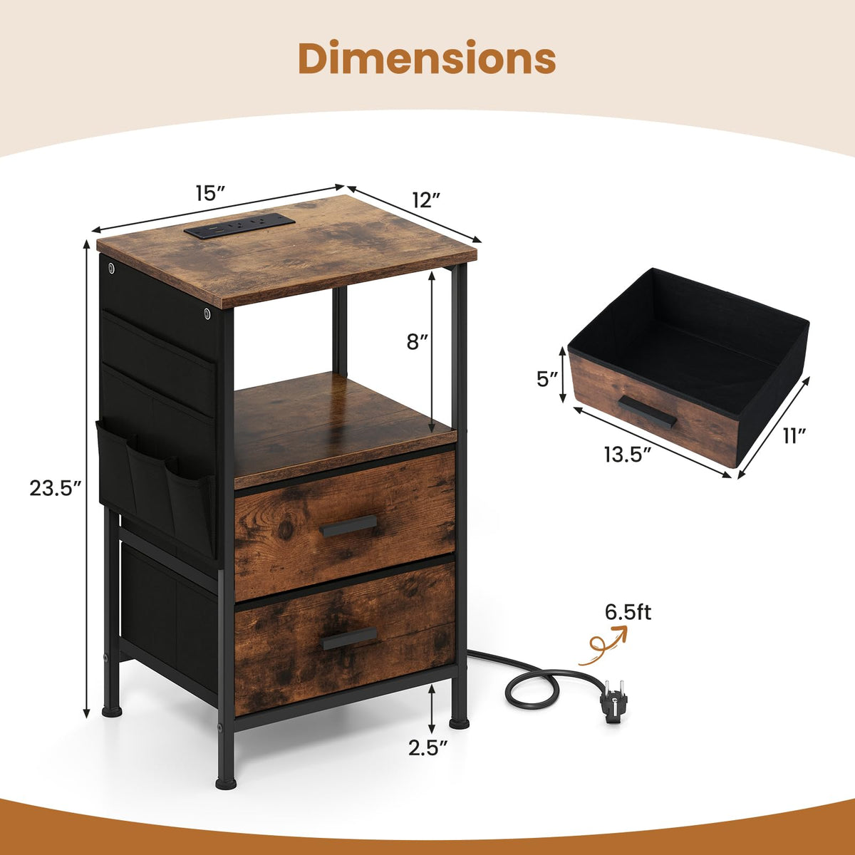 Goflame Night Stand with Charging Station | LED Sofa End Table w/2 Folding Fabric Drawers