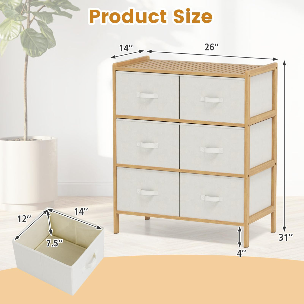 Goflame White Dresser for Bedroom Bamboo 6 Fabric Drawers Storage Tower with Top Shelf