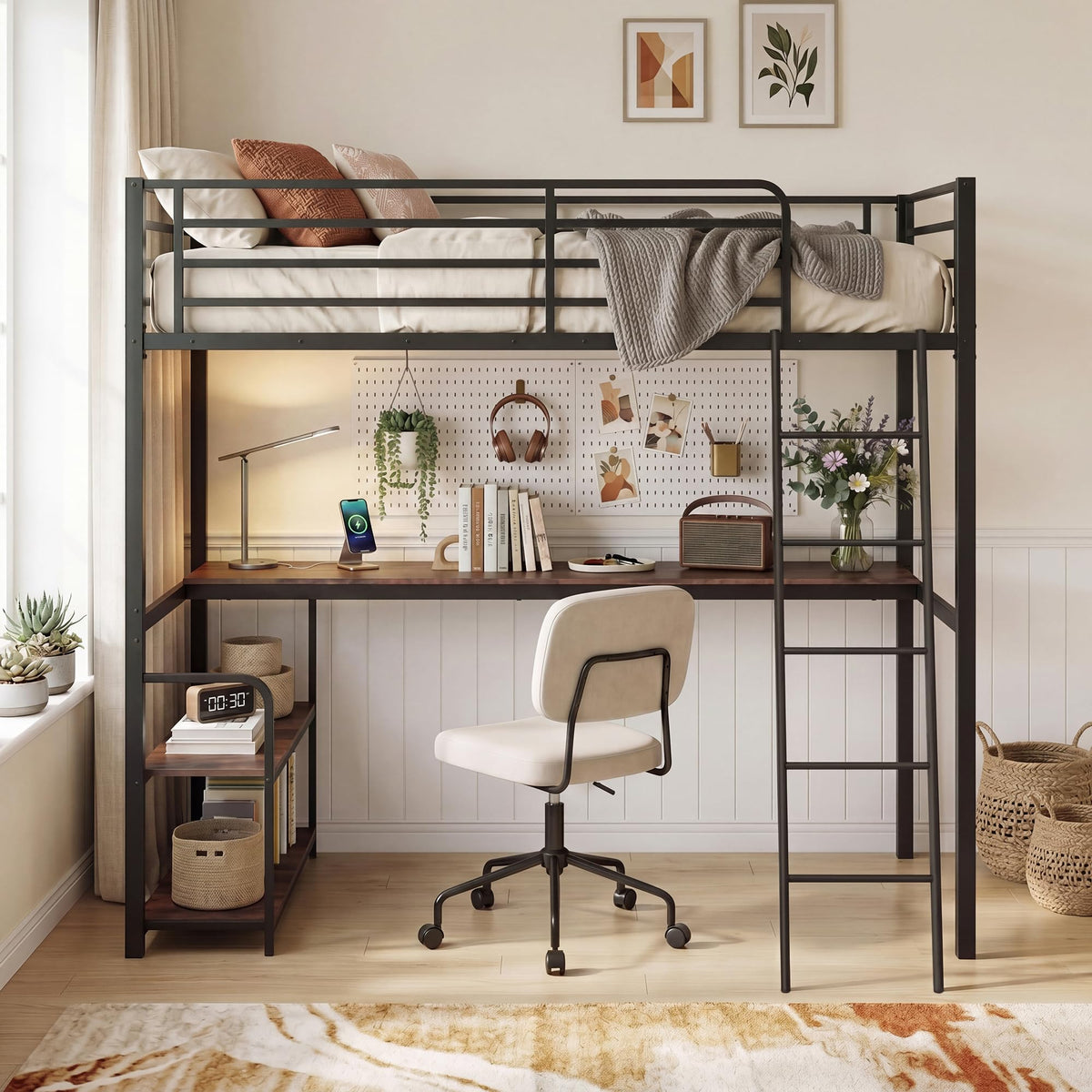 Goflame Twin Loft Bed with Desk & Charging Station