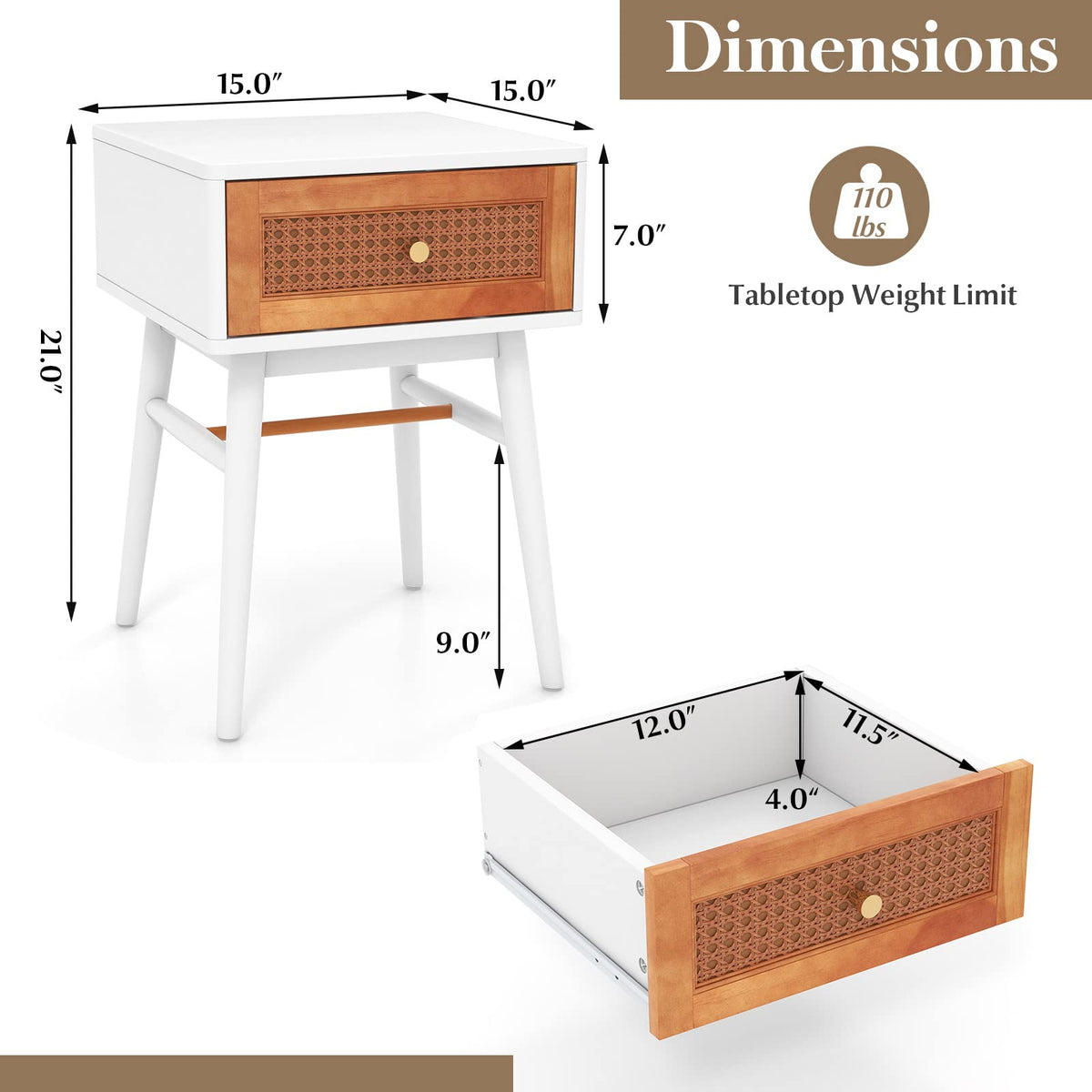 Goflame Rattan Nightstand, Boho End Side Table with Rattan Decorated Storage Drawer & Solid Wood Legs