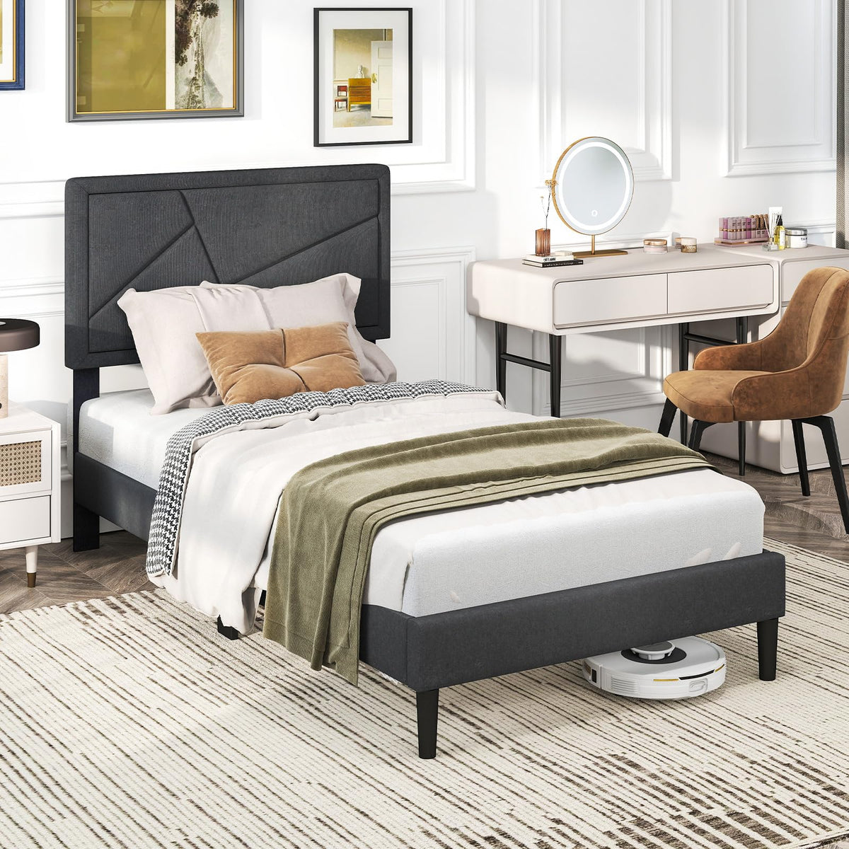 Modern Queen/Full/Twin Size Upholstered Platform Bed Frame with Geometric Tufting Headboard