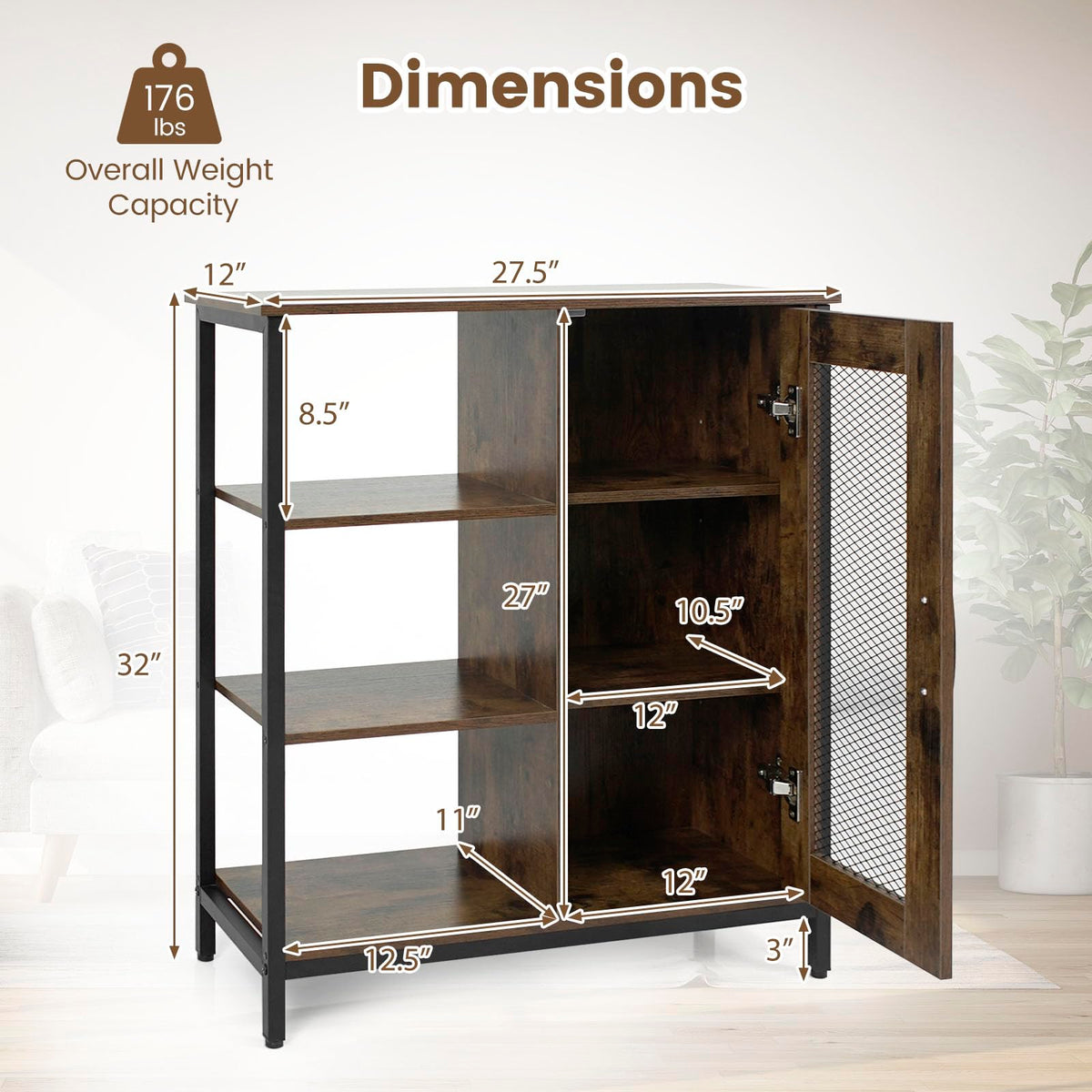 Goflame Industrial Side Cabinet with Metal Mesh Door and 3 Open Shelves