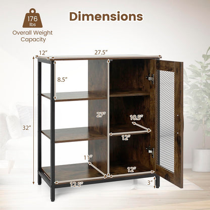 Goflame Industrial Side Cabinet with Metal Mesh Door and 3 Open Shelves