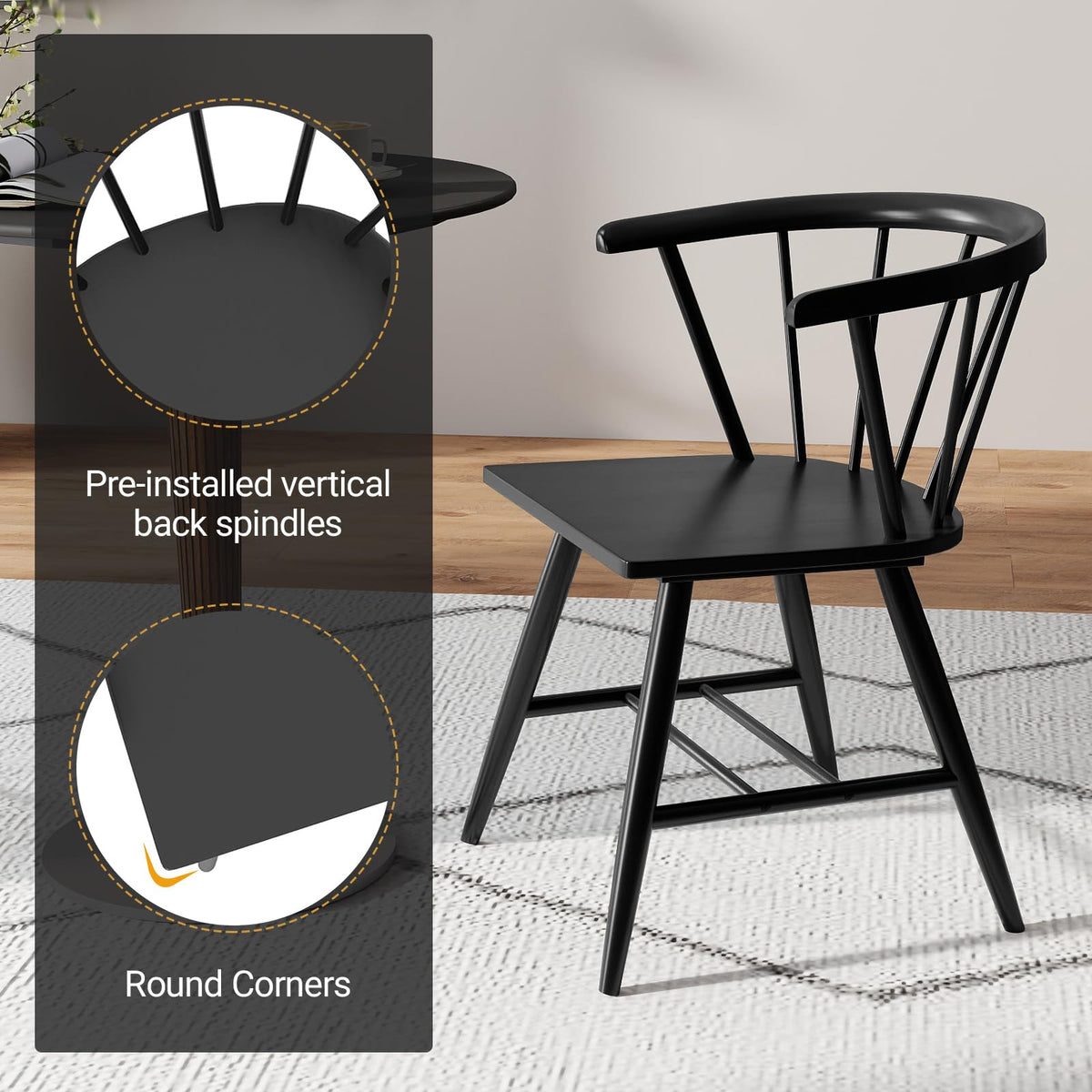 Goflame Windsor Dining Chairs Set of 2/4 Mid-Century Modern Black Kitchen Chairs w/Solid Rubber Wood Frame