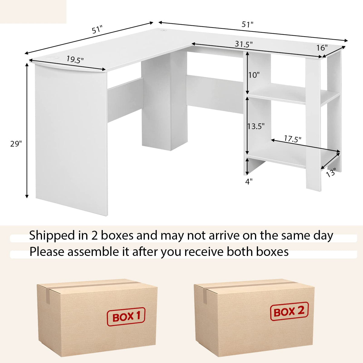 Goflame L Shaped Computer Desk, 51" Large Corner Desk with 2 Cable Holes & 2 Storage Shelves, White