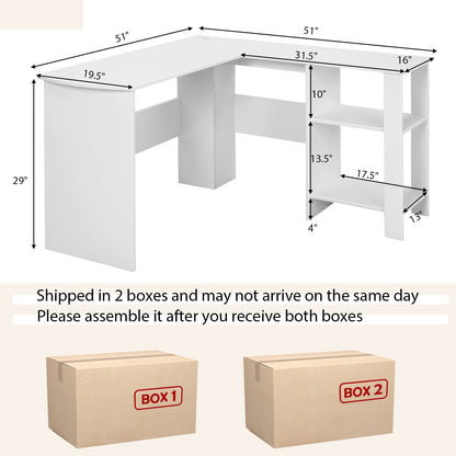 Goflame L Shaped Computer Desk, 51" Large Corner Desk with 2 Cable Holes & 2 Storage Shelves, White