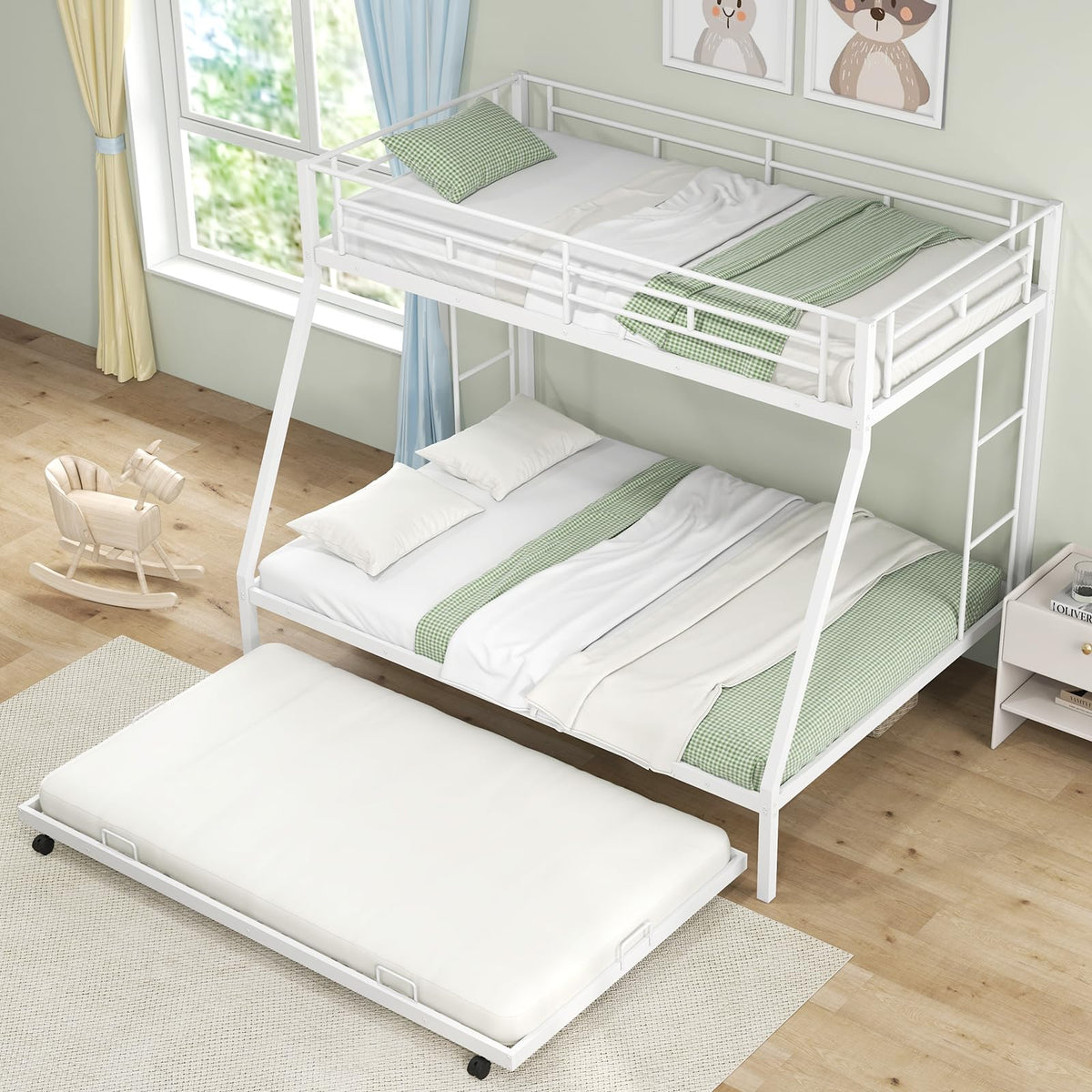 Goflame Twin Over Full Bunk Bed with Trundle, Heavy-Duty Metal Triple Bunk Beds