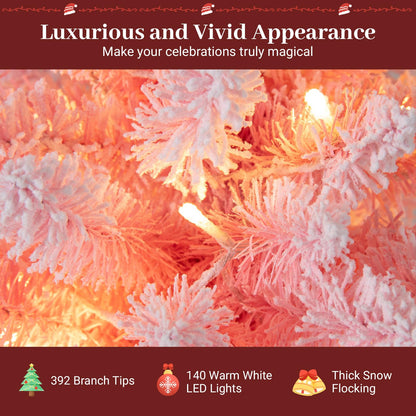 Goflame 6ft / 7ft Pink Slim Pencil Christmas Tree | Pre-lit Snow Flocked Artificial Skinny Xmas Tree