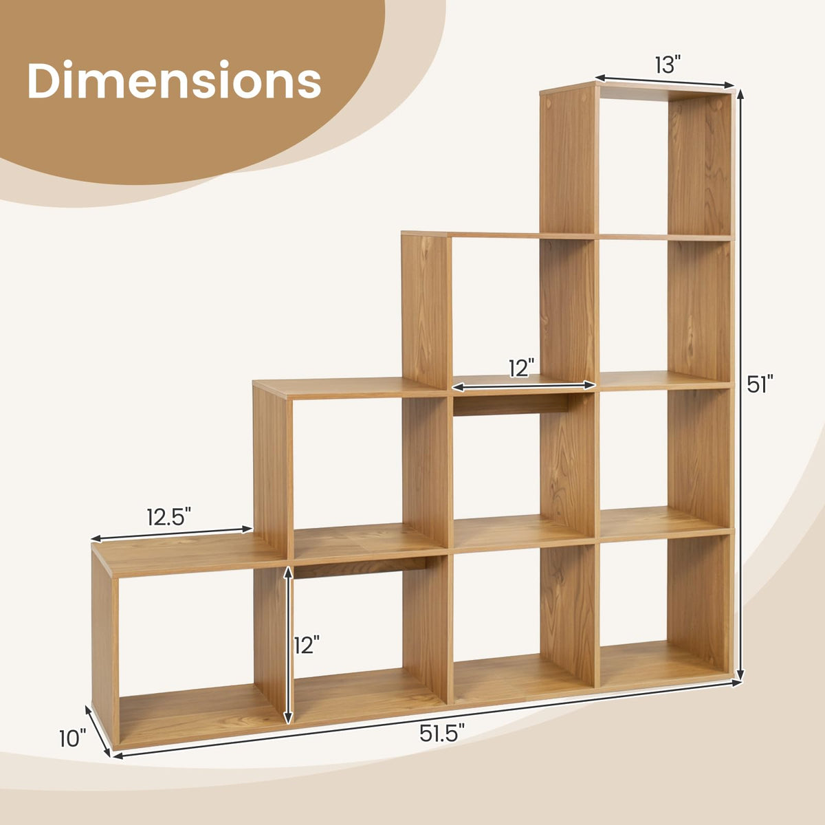 Goflame 51" Wooden 10-Cube Stepped Bookcase for Living Room