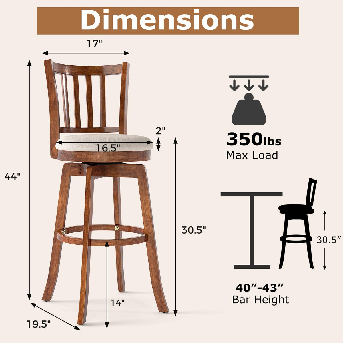 Goflame 30.5" Swivel Bar Stools Set of 2/4 with Rubber Wood Legs & Footrest & Upholstered Seat