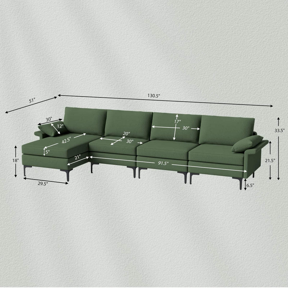 Goflame 130.5" L Convertible Sofa Couch, Sectional Sleeper
