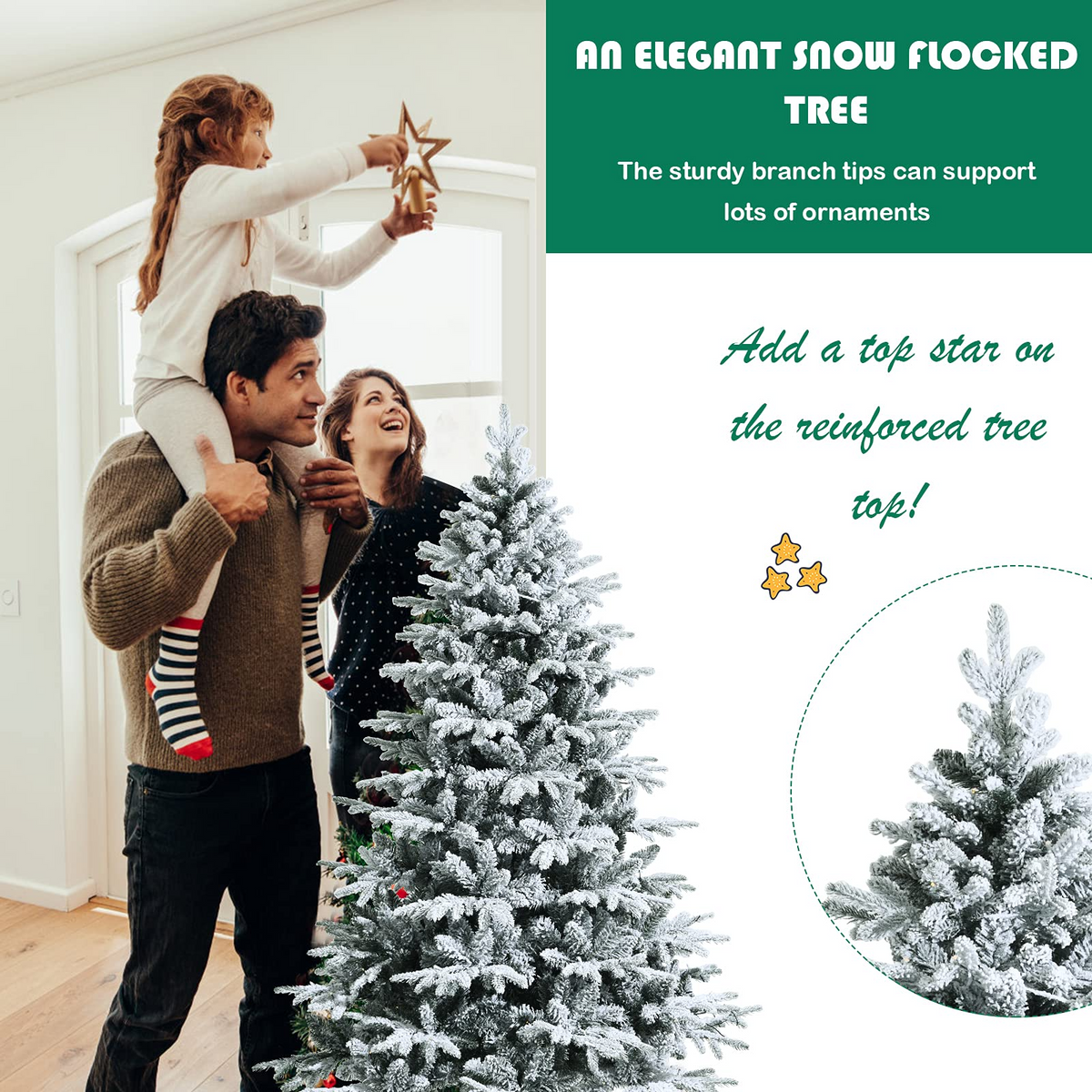 Goflame 4.5ft / 6ft / 7ft Pre-lit Snow Flocked Christmas Tree, Premium Hinged Artificial Pine Tree w/ 120 LED Lights & 757 PE & PVC Branch Tips - GoflameUS