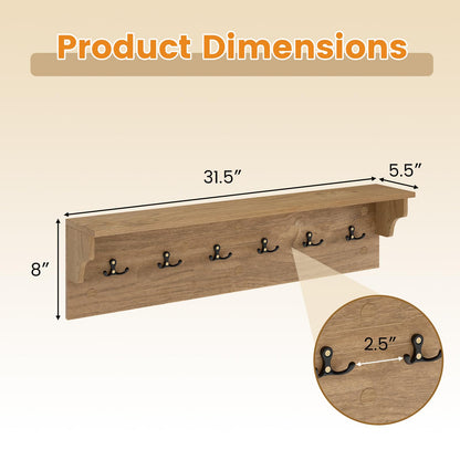 Goflame Wall-Mounted Storage Shelf | 31.5" Wooden Hanging Coat Rack with 6 Hooks