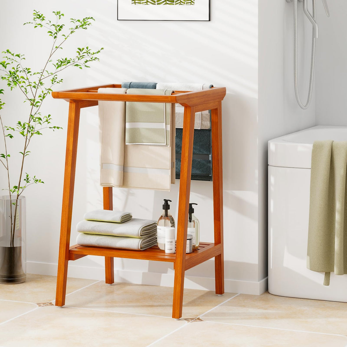 Goflame Teak Towel Rack for Bathroom, 5 Bars Freestanding Towel Racks with Storage Shelf, 19.5" L x 19.5" W x 31.5" H