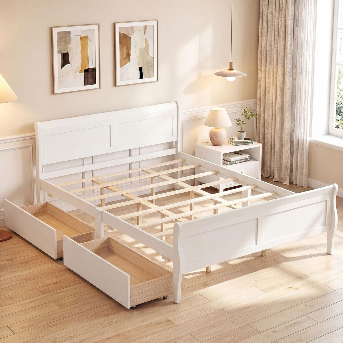 Goflame Twin/ Full/ Queen Bed with 2 Storage Drawers Wood Platform Bed with Headboard & Footboard