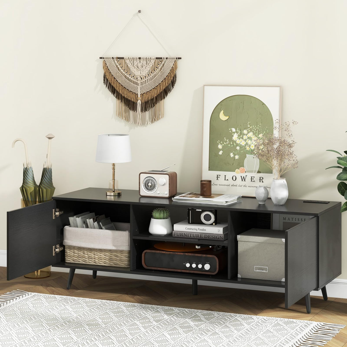 Goflame TV Stand with Power Outlet for TVs up to 60'', Entertainment Center with Cable Hole, Cabinets