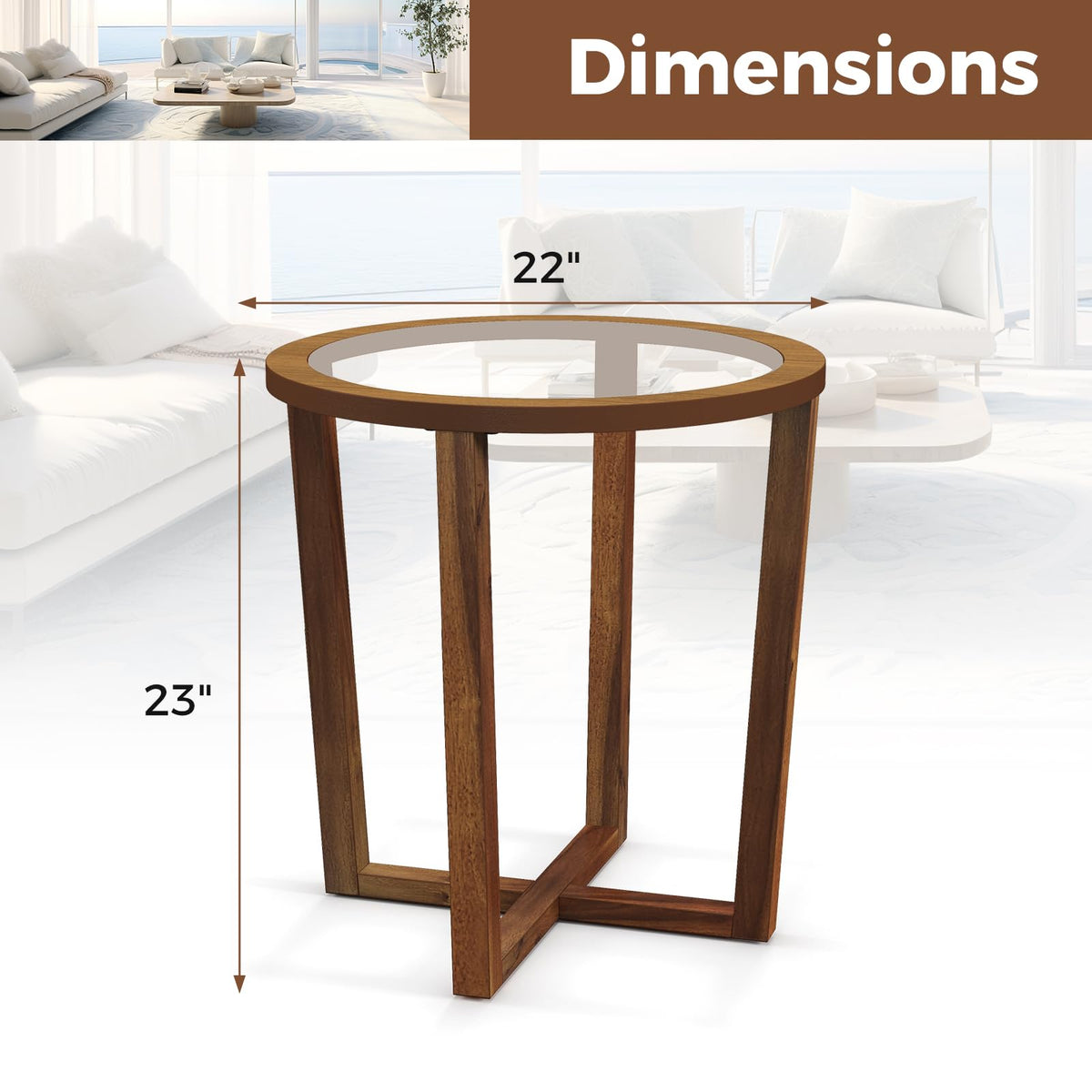 Goflame Glass Round End Table, Sofa Side Table with Transparent Tempered Glass Top