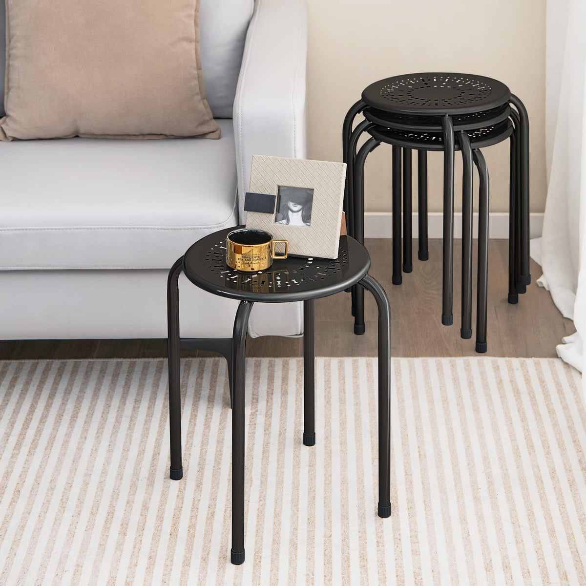 Goflame Round Metal Stool Set of 6-17.5" Height Stackable Stool with Anti-Slip Foot Pads