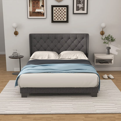 Goflame Queen/Full/Twin Size Bed Frame with Button Tufted Headboard, Modern Fabric Upholstered Platform Bed with Wingback Design, Grey