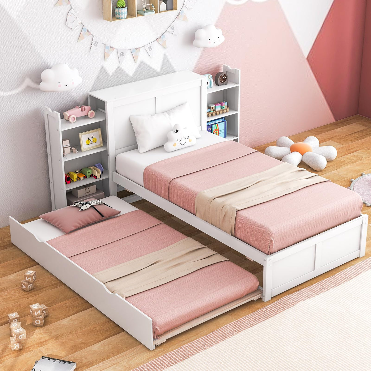 Goflame Full Bed Frame with Twin Trundle, Wooden Bed Wooden Bed Frame with 2 Rolling Bookcases & High Headboard