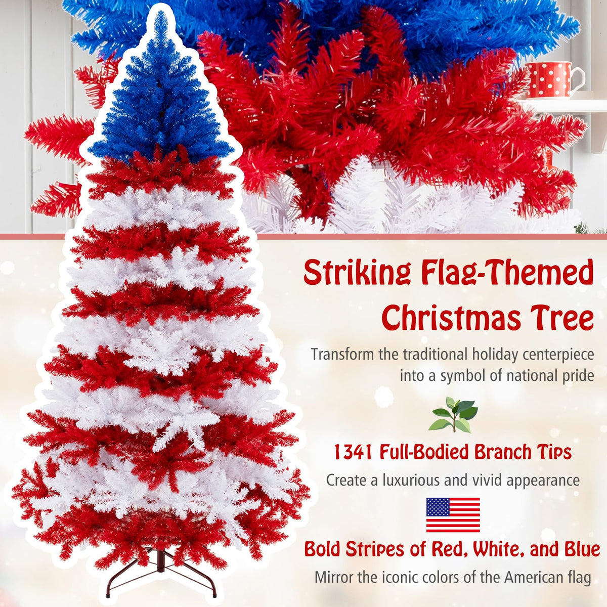 Goflame 7.5 FT Pre-Lit Patriotic Artificial Christmas Tree, Flag-Themed Hinged Xmas Tree with 480 Warm White LED Lights
