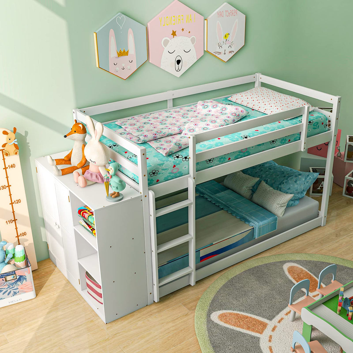 Goflame Twin Over Twin Bunk Bed with Storage Shelves, Solid Wood Bunk Bed Frame with Convertible Bookcase & Ladder, White