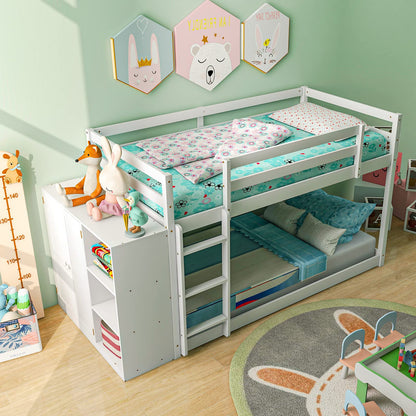 Goflame Twin Over Twin Bunk Bed with Storage Shelves, Solid Wood Bunk Bed Frame with Convertible Bookcase & Ladder, White