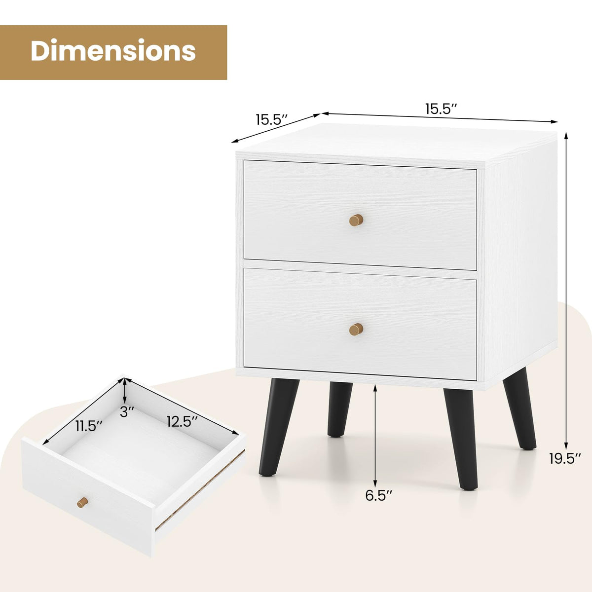 Goflame Night Stand with 2 Drawers Mid Century Modern Bedside Table