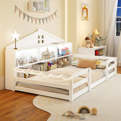 Goflame Montessori Floor Bed with LED Lights 2-in-1 Wooden House Bed Frame with Safety Guardrails